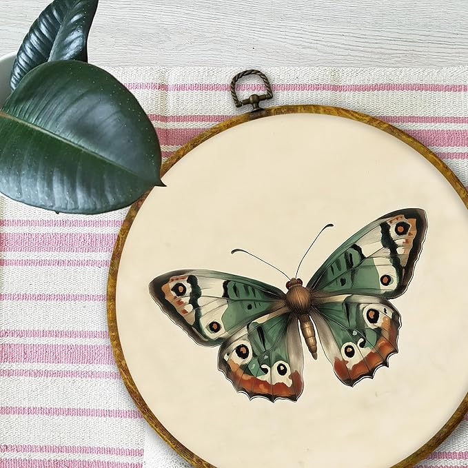 Mcehtle Vintage Butterfly Wall Art Decor, Moody Moth Cottagecore Framed Canvas Prints 10x10, Boho Sage Green Academia Insect Round Wall Hanging Artwork Decorations for Gallery Bedroom Living Room