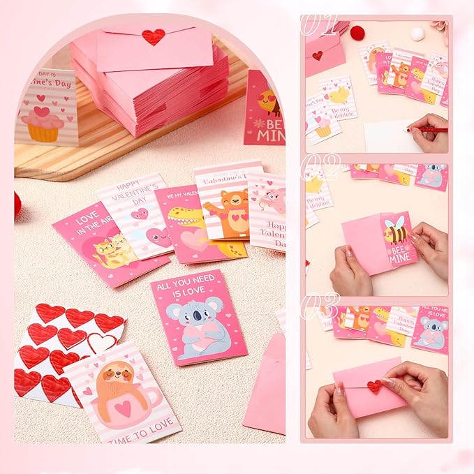 180 Pcs Mini Valentine's Day Cards Assortment Bulk Classroom Kids Greeting Cards 3.5 x 2.4''Foldable Love Heart Greeting Cards Wedding Card with Envelopes Stickers for Valentines Day