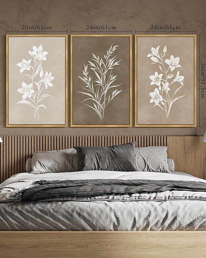 KUVIOKE Vintage Botanical Flower Framed Wall Art Colorful Neutral Boho Floral Wall Decor Botanical Retro Wildflower Modern Art Prints Rustic Home Decor 24x36in (Natural Framed)