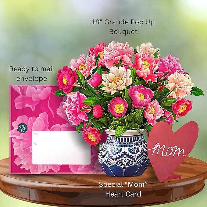 Freshcut Paper Pop Up Cards, Grande Peony Paradise, 18 Inch Life Sized Forever Flower Bouquet 3D Popup Greeting Card, Birthday Cards, Mother's Day Card, Blank Notecard & Envelope