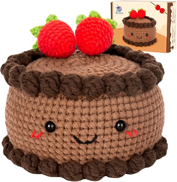 Crochetta Crochet Kit for Beginners, Crochet Starter Kit with Step-by-Step Video Tutorials, Crochet DIY Knitting Supplies for Adults Kids, Chocolate Strawberry Cake(40%+ Yarn)