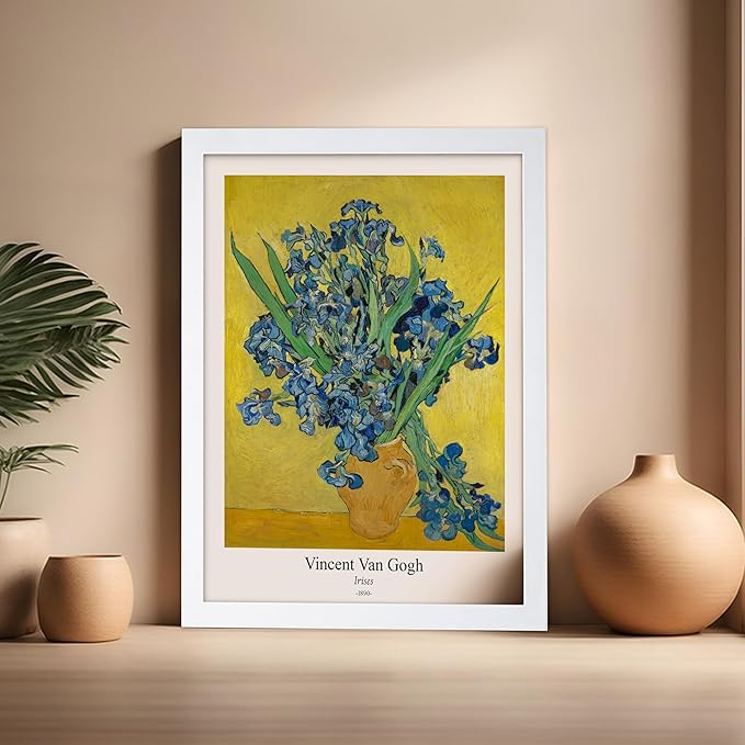 Monem Art Vintage Van Gogh Poster - Retro Irises Print - Flowers in Vase Art - Impressionism Art - Floral Art - Fine Art - Classic Painting Art - Living Room Wall Decor - 16x20 White Framed