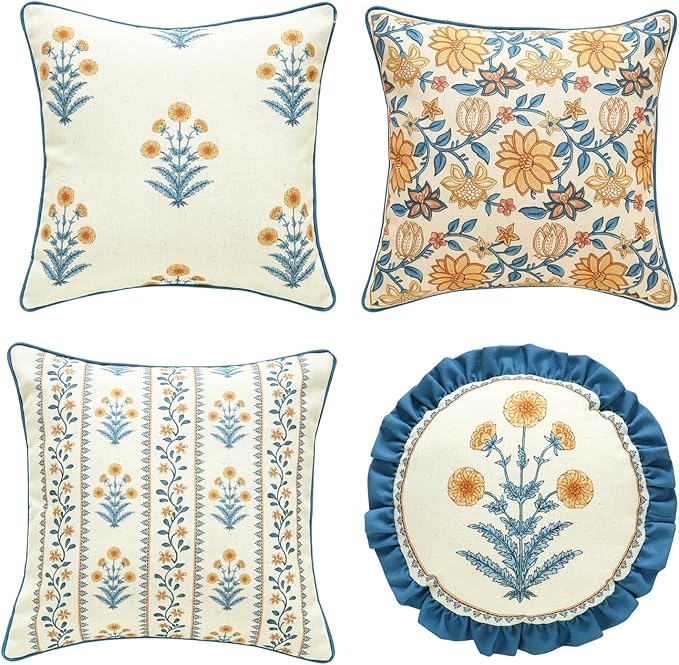 ISAENNE Design Simple Elegant Linen Throw Pillow Covers Set of 4, Blue Yellow Floral Pattern Cushion Covers Decor Lumbar Round Square Pillowcases for Bed,Living Room,Outdoor,Car
