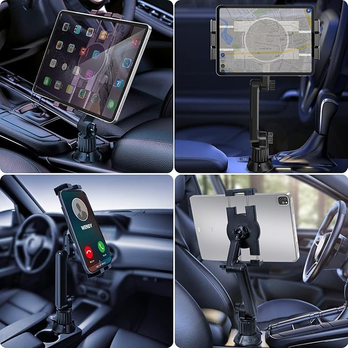 Cup Holder Car Tablet Mount for Truck, 360° Adjustable 15" Long 2-Arm Stand Holder for iPad Pro 12.9/11/10.5/9.7/Air/Mini 6/5/4, Samsung Galaxy Tab/Z Fold 6/5/4, iPhone 17/16/Pro, 4.7-12.9" Tab &Phone