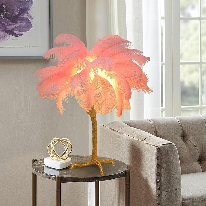 Pink Feather Lamp Romantic Ostrich Feather Bedside Lamp with Gold Resin Stand Coconut Fuzzy Table Lamp G4*3 Bulb Nordic Nightstand Light for Bedroom Living Room Entryway Christmas Gift