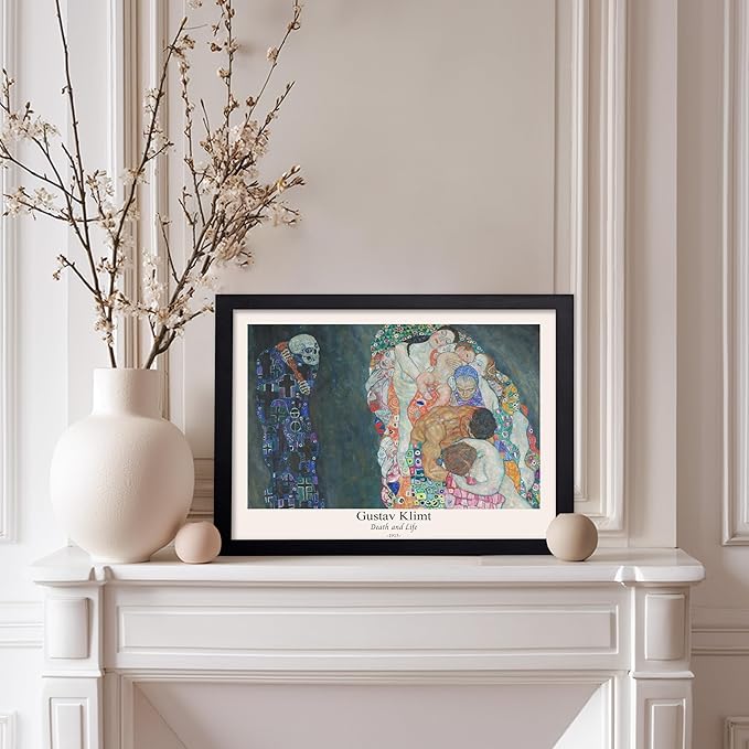 Poster Master Vintage Gustav Klimt Poster - Retro Death and Life Print - Art Nouveau - Symbolism Art - Abstract Art - Aesthetic Art - Classic Painting - Living Room Decor - 8x10 Black Framed