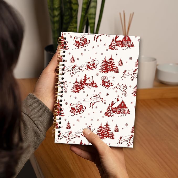 XNXLDYLH Vintage Red Christmas Santa Winter Notebook Journal, Santa Claus Reindeer Spiral Notebook, Vintage Journals Notebooks for Women, Christmas Office School Supplies Gifts for Coworker, 5.5x8.3In