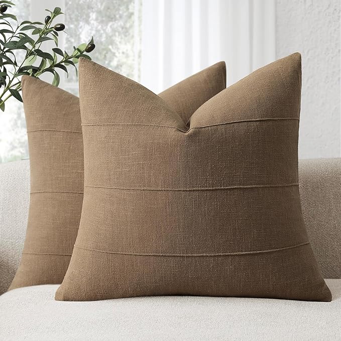 ZWJD Decorative Linen Throw Pillow Covers 24x24 Set of 2 Solid Handcrafted Striped Cushion Covers for Bed Soft Modern Farmhouse Neutral Pillowcase for Couch Bedroom Living Room Home Decor(Coco Brown)