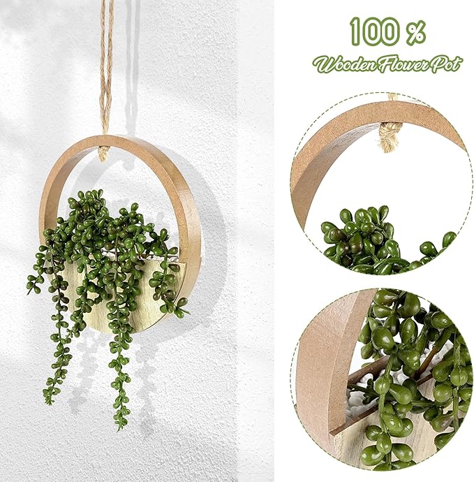 2PCS 12.2" Fake Hanging Plant, Succulent Wall Decor, Fake Plants Decor, String of Pearls in Pot with 8.3" Lanyard for House Indoor Outdoor Bedroom Wall Decor Aesthetic (Wooden)