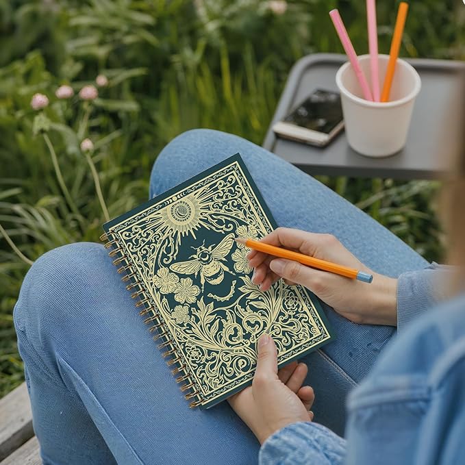 Witchy Gold Bumble Bee Notebook, Mystical Celestial Bees Floral Journal, Gifts for Bee Lovers Women, Vintage Witchy Magical Insect Spiral Journal Notebook, 5.5x8.3 Inch