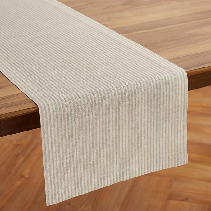 Solino Home Linen Table Runner 108 Inches Long - Narrow Stripe, 100% Pure Linen Natural and White Table Runner 14 x 108 Inch for Dining, Spring, Easter