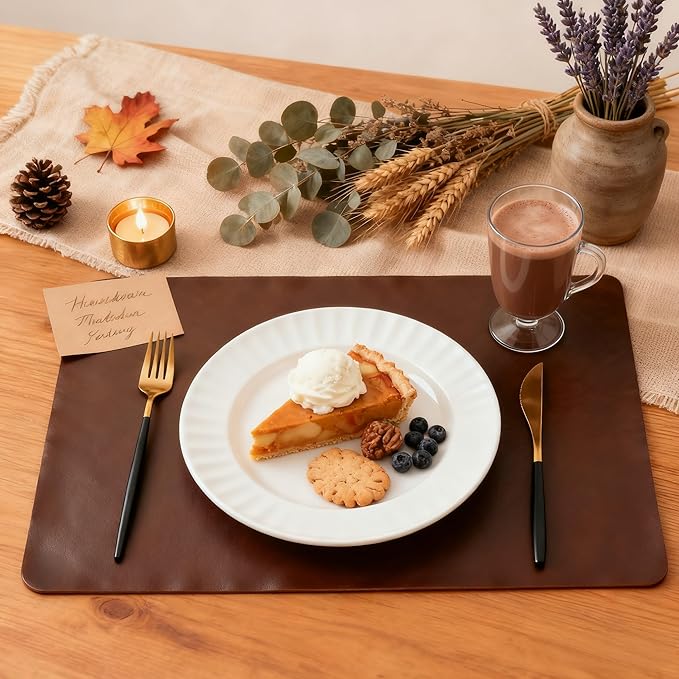 DOLOPL Placemats Set of 4 Reversible Dual-Color Table Placemats – Heat Resistant Wipeable & Brown Placemats, Luxury Faux Leather Table Mats for Vintage Dining Table Decor（Dark Brown & Black）
