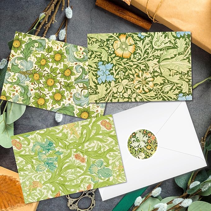 24 Pack William Morris Greeting Cards with Envelopes & Stickers - 4x6 Inch Vintage Floral Leaves Retro Botanical Flower Blank Note Cards for Wedding, Birthday Greetings, Baby Shower, Thank You & More