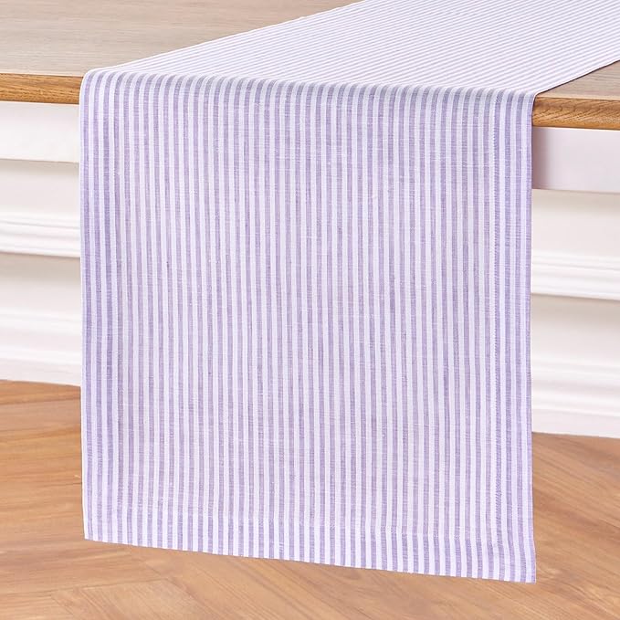 Solino Home Linen Table Runner 144 Inches Long - Narrow Stripe, 100% Pure Linen Lavender and White Table Runner 14 x 144 Inch for Dining, Valentines, Spring, Easter