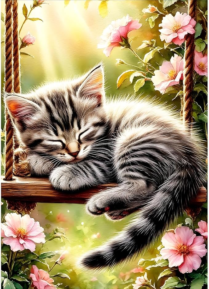 DPHERO Swinging Cat Diamond Painting Kits for Beginners Adults,5D DIY Sleeping Cat Diamond Art Kits,Round Full Drill Wildflowers Gem Art Crafts,DIY Painting by Numbers for Home Wall Decor 12x16 inch