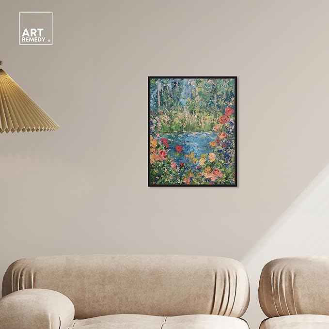 Art Remedy Serene Escape Framed Impressionism 1 Piece Canvas Wall Art/Monet And Van Gogh Inspired Art, 17" x 21", Black Frame