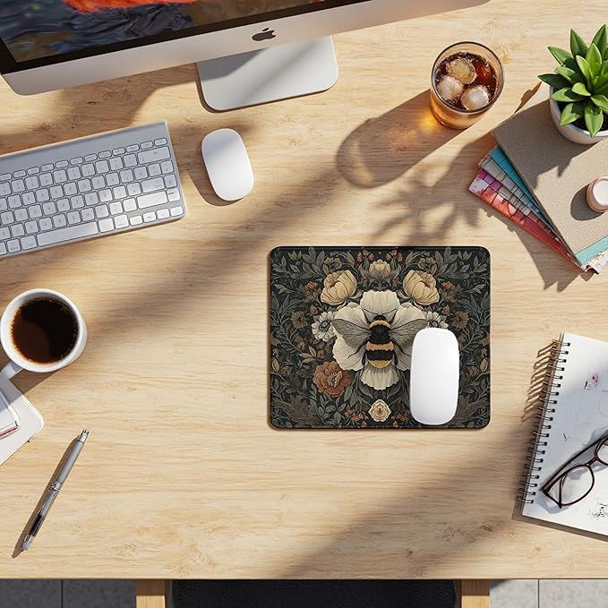Vintage Moody Floral Bee Mouse Pad, Dark Contemporary Botanical Bumblebee Mouse Pads for Desk Dorm Home Office Computers Laptop, 9.5x7.9 Inch,J091-YZ-SBD