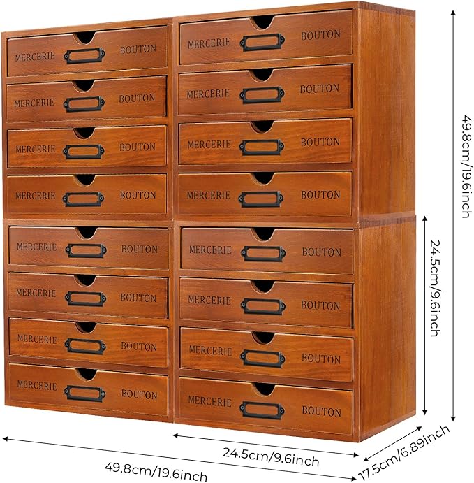 4-Pack Wooden Drawer Organizer Set – 16-Drawer Vintage Storage Box with Label Holders – for Desk, Office, Bedroom – Brown Pine Wood