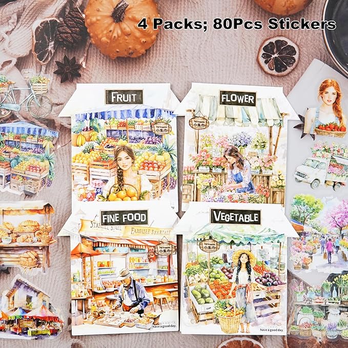 Farmers Market PET Stickers, 80PCS Bazaar-Themed Journal Supplies for Scrapbooking, DIY Crafts, and Planner Embellishment