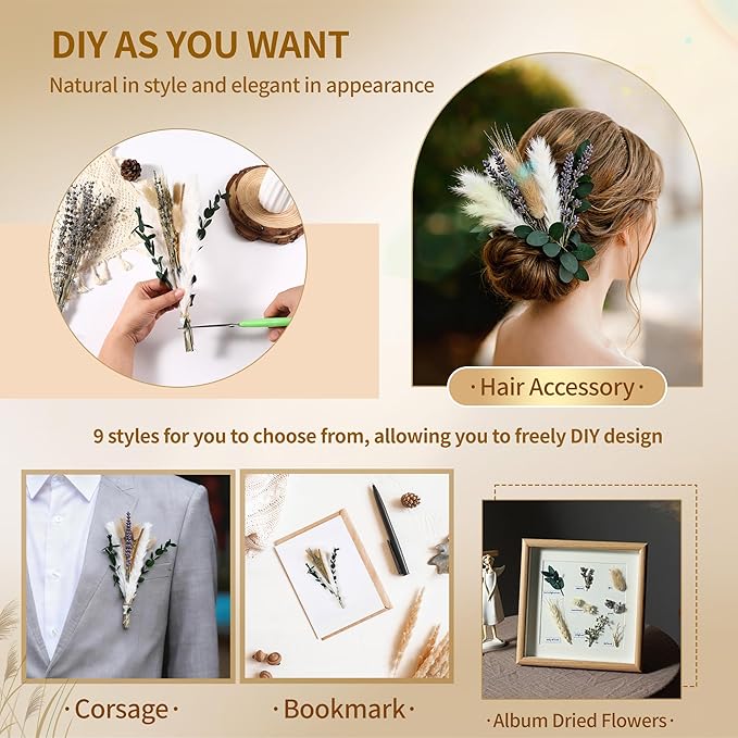 Bpole Dried Pampas Grass Bouquet - 92 PCS Pampas Grass Decor with Bunny Tails,Eucalyptus & Lavender Dried Boho Flowers for Vase Wedding Home Table Decor,Rustic Farmhouse Party