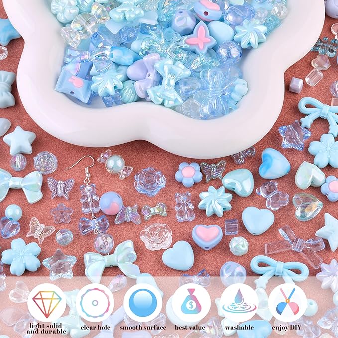 200-260PCS TINKRSTUFF Assorted Acrylic Beads Blue Cute Beads for Bracelet Making, Bow Flower Butterfly GummyBear Kawaii Charms, Aesthetic Bead for Necklace Keychain Jewelry Making DIY Phone Charm