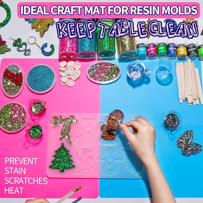 LEOBRO Silicone Mat for Resin Molds, 2 PCS 15.7" x 11.7" Playdough Mat, Silicone Mats for Crafts, Jewelry Resin Molds Mats, for Resin, Clay, Paint, Blue & Rose Red