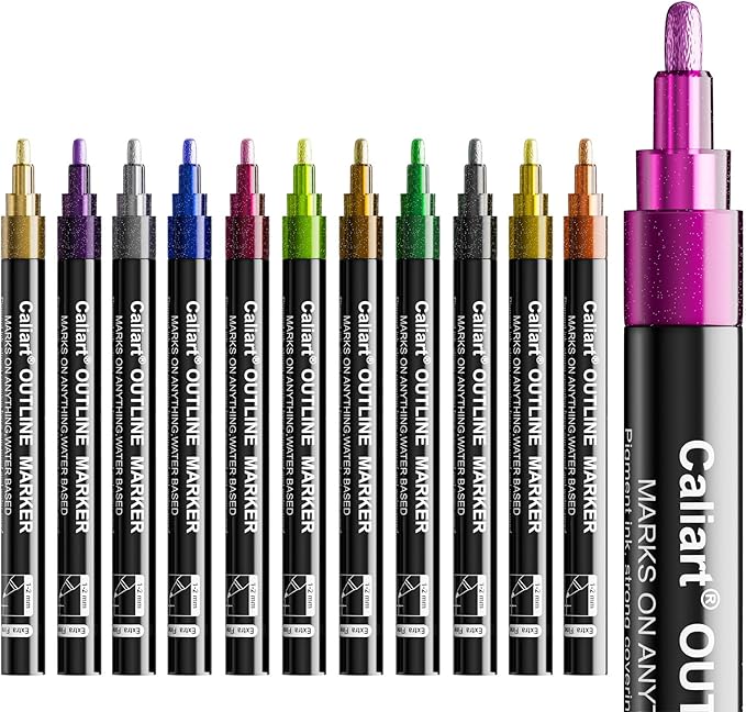 Caliart Stocking Stuffers for Kids Teen Girls, 12 Colors Outline Markers Shimmer Glitter Pens, Christmas Tween Teen Girl Gifts Trendy Stuff, Art Supplies for 6-8-10-12 Year Old Cool Fun Craft Drawing