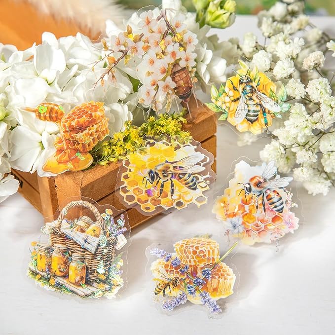 Scrapbook Bee Stickers for Journaling Supplies,60pcs Honeybee Garden Stickers in PET,Nature Sticker for Junk Journal Supplies,Scrapbooking,Planner,Photo Frame,DIY Craft,Calendar(Honey Garden)