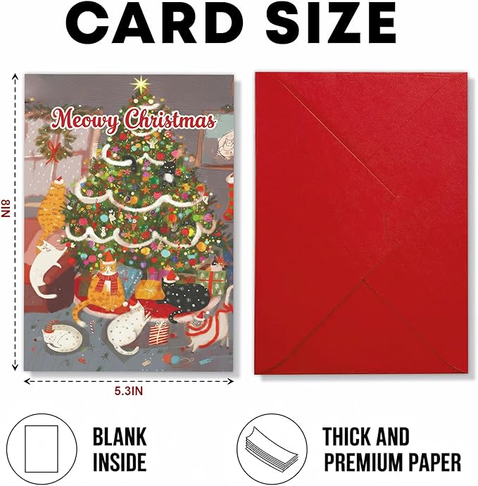 (5.3x8in) Meowy Christmas Card with Envelope, Cute Funny Cat Holiday Greeting with Festive Tree and Kittens, Adorable Christmas Card for Cat Lovers, Friends, Family, and Pet Owners (Xmas 27)