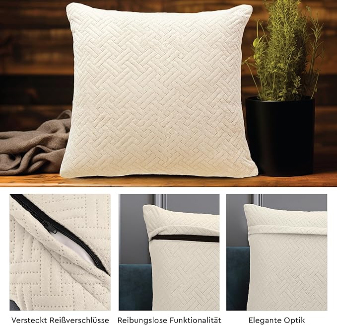 Encasa XO Throw Pillow Covers 18"x18" (Set of 2) | Solid Color Quilted Velvet Sofa Cushion Covers | No Insert | Both Side Quilted Fabric | Cream | Decorative Pillow Covers for Home