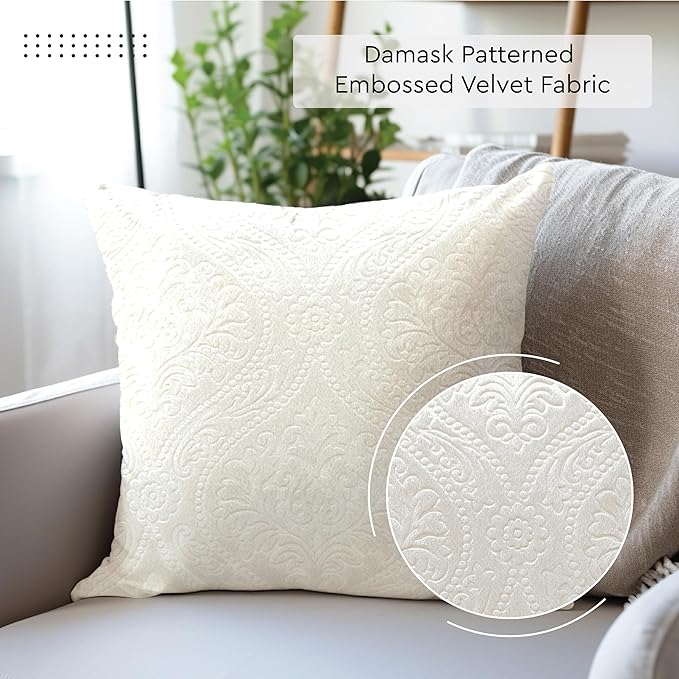 Encasa XO Luxury Embossed Velvet Throw Pillow Covers - Plush Cushion Covers for Elegant Living Rooms & Bedrooms, Machine Washable, 16"x16" Cream | Set of 2 | Covers Only No Insert