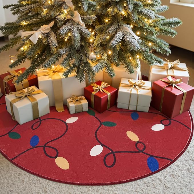jinchan Jingle Lights Round Christmas Rug for Living Room 5ft Red Circle Holiday Rug for Bedroom 5' Colored String Lights Printed Xmas Decor Washable Indoor Carpet for Dining Room Foyer Non-Slip