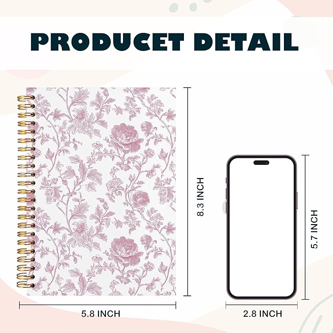 BearCake Pink Chinoiserie Grandmillennial Notebook Journal,Floral Aesthetic Notebook, Chinoiserie Journal, Pink Aesthetic Office Supplies, Notebooks for Work, Hardcover Spiral Notebook 5.5x8.3
