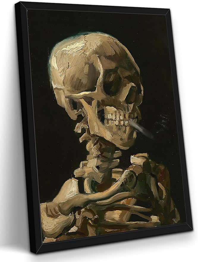 Framed Vincent Van Gogh Skull with Cigarette Canvas Wall Art - Skeleton Paintings Wall Decor, Post-Impressionism Gothic Picture Aesthetic for Halloween Decor Bedroom Living Room Artwork 12x16 inch