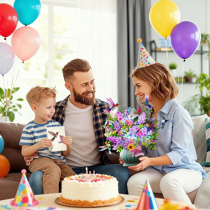 Birthday Cards, Light and Music Happy Birthday Card, Hummingbird Oasis, 10 Inch Life Sized Forever Flower Bouquet, 3D Pop Up Birthday Gift Card for Women Wife Mom Daughter Sister (Blank Notecard & Envelope)
