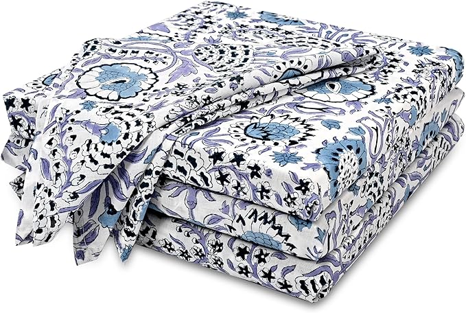 CPC Cloth Napkins 100% Cotton Set of 4 Reusable Napkins, Indian Block Print Toile Floral Dinner Napkin, Fall Thanksgiving Christmas Holiday Party Gift - Soft Absorbent Napkin, 18"x18" Indigo Blue
