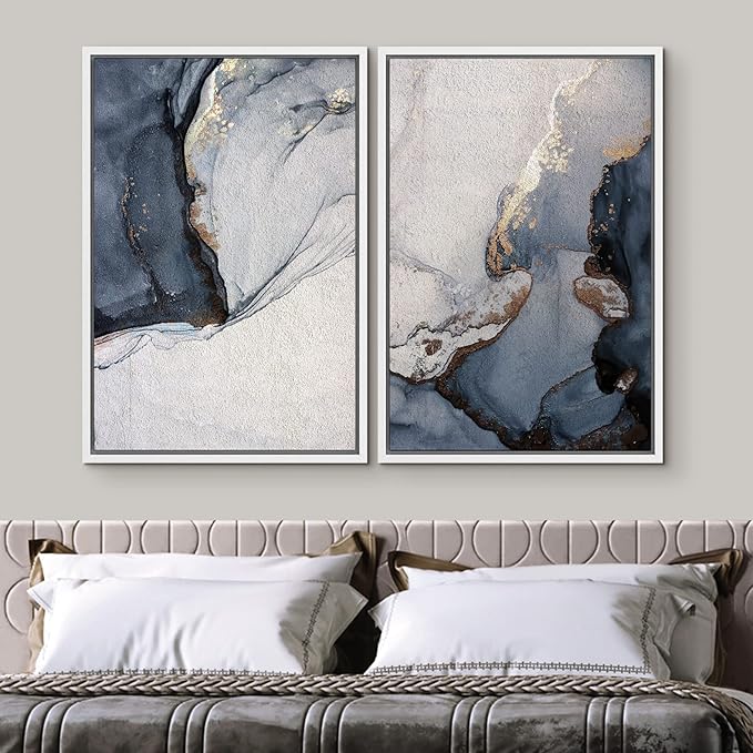 SIGNWIN Framed Canvas Print Wall Art Set Pastel Watercolor Blue Smoke Waves Abstract Shapes Illustration Modern Art Minimalism Decorative Nordic for Living Room, Bedroom, Office - 16"x24"x2 White