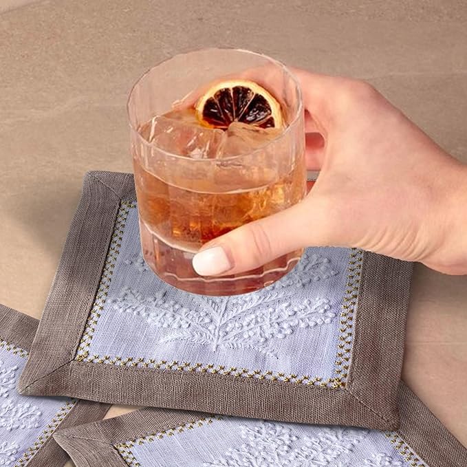 Cocktail Napkins Set of 6, 6x6 inch, 100% Linen, French Knot Hand Embroidered Floral Pattern, Reusable & Washable Napkin Coasters for Drinks, Parties, Weddings (Taupe)