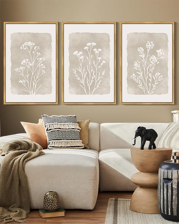 KUVIOKE Boho Botanical Flower Framed Wall Art Farmhouse Vintage Floral Wall Painting Rustic Wildflower Neutral Prints Artwork Home Decor 16x24in (Natural Framed)
