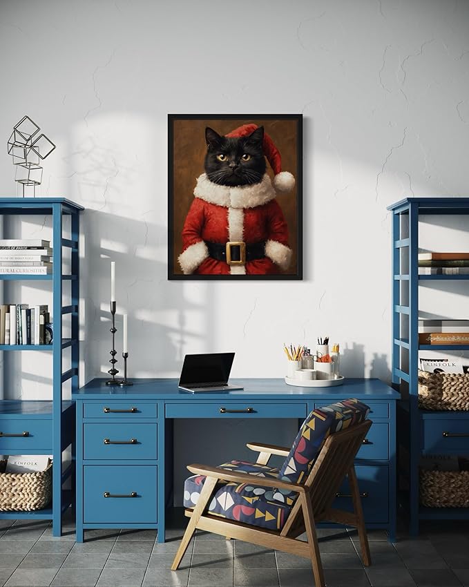 Santa Claus Cat Art Poster Print, Cat Kitten Painting Humor Portrait Pet Artwork Decor Gallery A8 (11 x 14 inches, Black Frame)