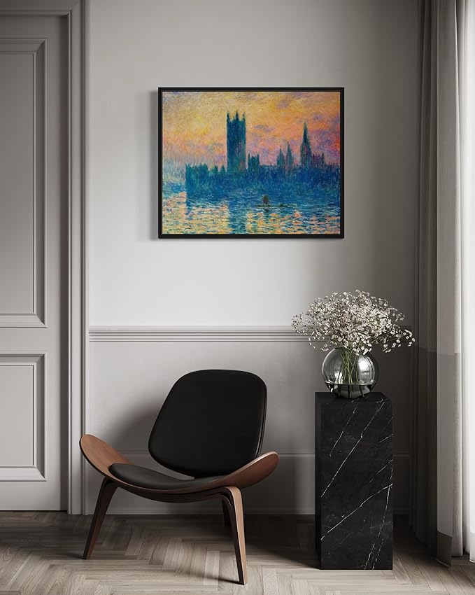The Houses of Parliament Claude Monet Wall Art Print Poster, Impressionist Painting Wall Art Wall Decor, for Bedroom and Living room Bathroom Decor 115 (The Houses of Parliament, 16 x 20 inches, Black Frame)