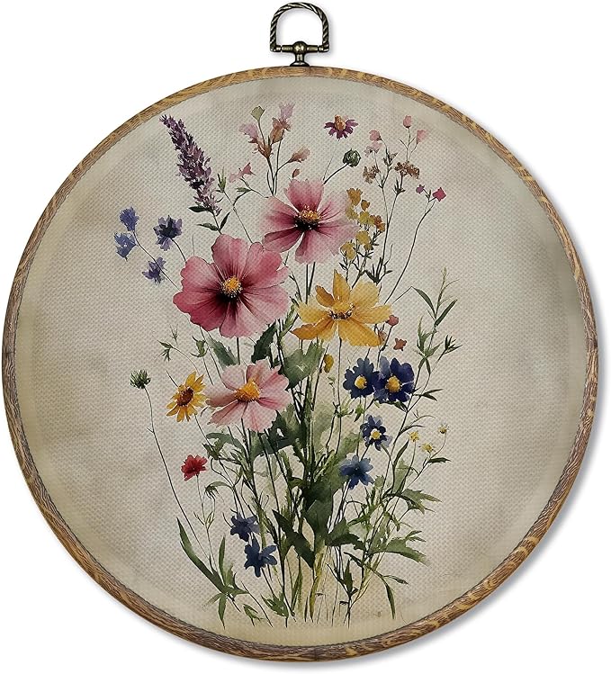 FUGWN Vintage Wildflower Botanical Round Wall Art Decor Framed, Cottagecore Floral Botanical Canvas Artwork Prints, Retro Floral Wall Hanging Decorations for Home Bedroom Living Room, 10x10 Inch