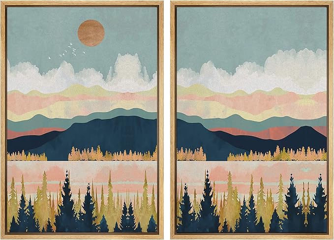 SIGNWIN Framed Canvas Print Wall Art Set Pastel Pink Blue Geometric Mountain Landscape Nature Wilderness Illustrations Modern Art Scenic Colorful for Living Room, Bedroom, Office - 24"x36"x2 Natural