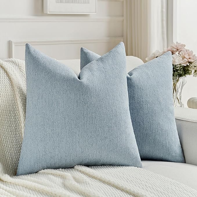 FUTEI Denim Blue Chenille Decorative Throw Pillow Covers 20x20 Inch Set of 2,Soft Cozy Faux Linen Textured Cushion Case,Farmhouse Home Decor for Couch Living Room