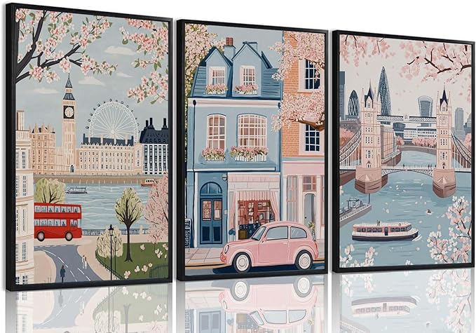 XLARTMY Watercolor City Landscape Travel Wall Art Canvas Framed Pink Cherry Flower Poster Girly Prints Painting Pictures Set of 3 for Bedroom Living Room Office 16x24in Unframed