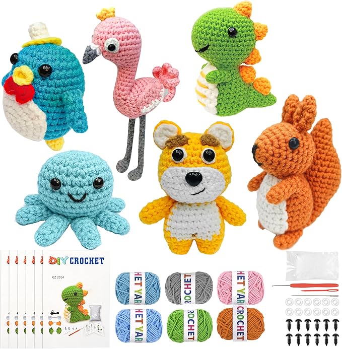 FHFTHYH 6Pcs Crochet Kit for Beginners, DIY Craft for Adults and Kids, Great Gift for Crochet Lovers, Crocheting Animal Kits with Step by Step Videos,Yarn,Crochet Hook,Birthday Holiday Gift