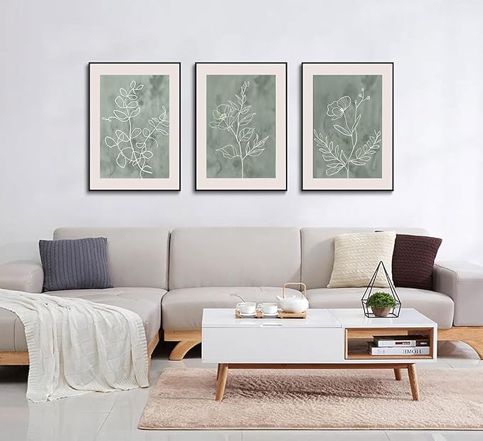 3Pcs Sage Green Botanical Wall Art Line Drawing Floral Canvas Poster Prints Modern Abstract Minimalist Picture Neutral Boho Artwork Simple Painting Wall Decor for Living Room Bedroom 12x16in Unframed