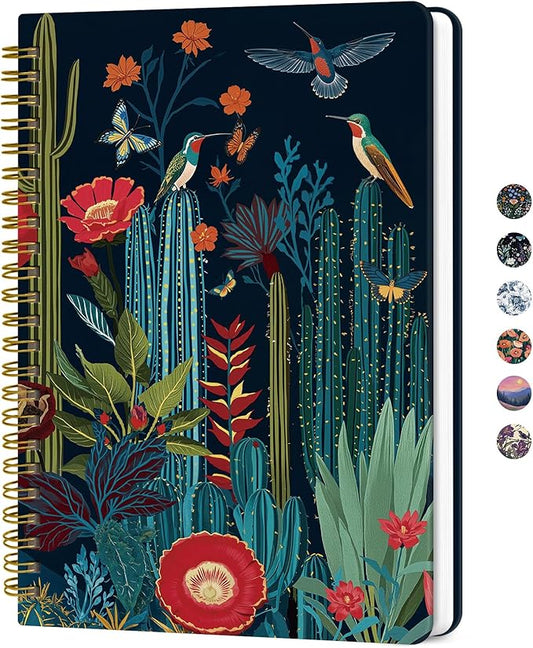 Lined Spiral Journal for Women, A5 Hardcover Cute Notebook for Work & Note Taking, Aesthetic Pretty Journal for Writing, 140 Pages, 6"x8", Cactus Garden