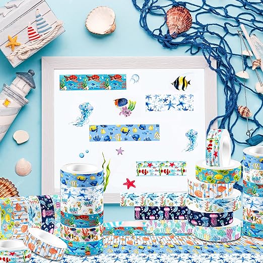 12 Rolls Blue Ocean Washi Tape, Underwater World Masking Tapes, Sea Animal Cartoon Decorative Tape for Arts, DIY Crafts, Journals, Planners, Scrapbook, Wrapping 16.4FT