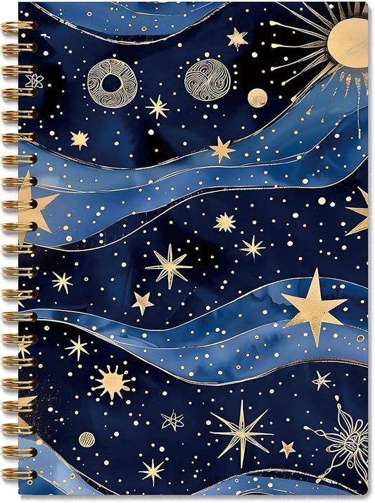 Fantasy Starry Night Sky Space Notebook, Blue and Gold Celestial Sun Star Galaxy Journal, Spiral Notebook Journal, 5.5x8.3 Inch
